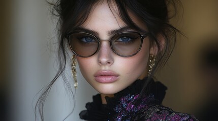 Fototapeta premium Model showcases stunning round sunglasses and intricate earrings, exuding modern elegance