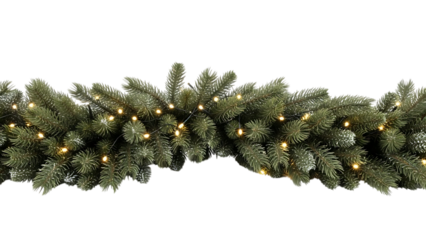 Decorative pine garland with warm white lights isolated on white background