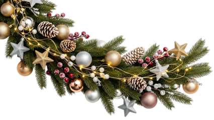 Elegant christmas garland with ornaments isolated on white background