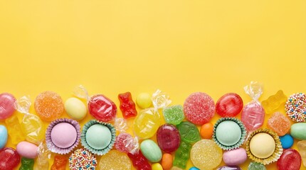 Assorted Colorful Candies and Sweets Flat Lay on Yellow Background