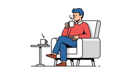 A stylish man relaxes comfortably in a modern armchair, enjoying a warm cup of coffee or tea next to a small side table.