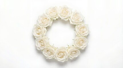 White Roses Wreath Frame with Water Droplets on White Background Flat Lay