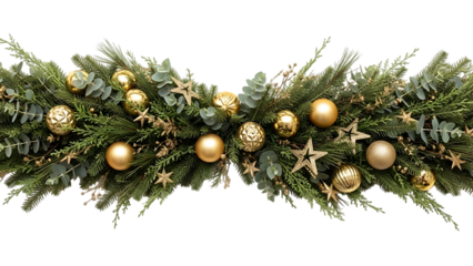 Elegant christmas garland with gold ornaments isolated on white background