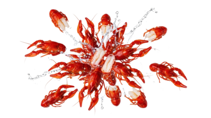 A striking composition of red crawfish and white splashes against a black backdrop
