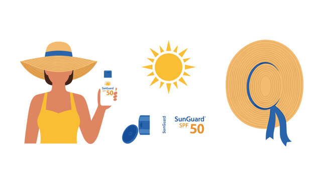 A stylish woman wears a wide-brimmed sun hat and holds a bottle of SPF 50 sunscreen, accompanied by a bright sun icon and another elegant straw hat