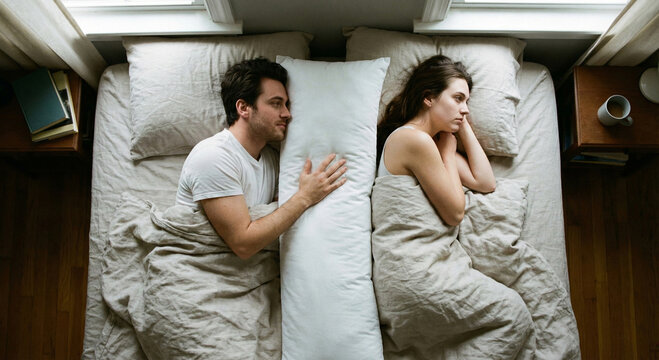 Top view of unhappy couple lying in bed separated by a long pillow barrier, relationship problem and divorce concept, vertical generative AI illustration.