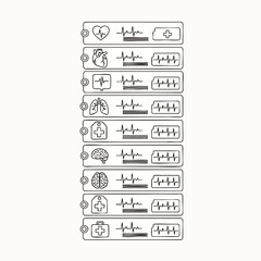 Medical infographic elements with heart rate, lungs, brain, and cross icons on white background