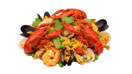 A vibrant display of paella featuring crawfish mussels and various seafood