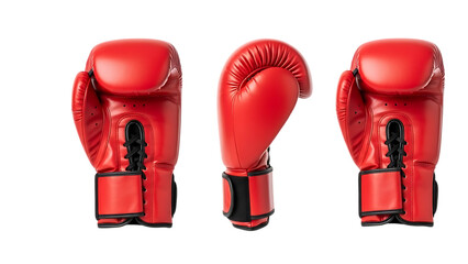 Three red boxing gloves displayed isolated on white background