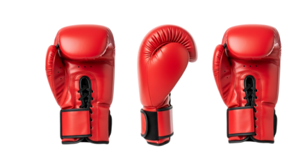Three red boxing gloves displayed isolated on white background