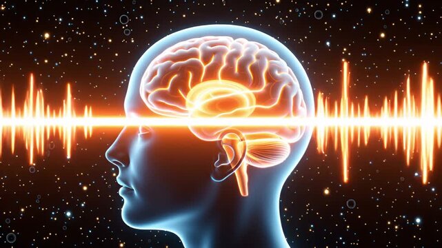 Transparent human head glowing human brain slowly rotates clockwise brain working process brain response mechanism background  4k stock video footage 