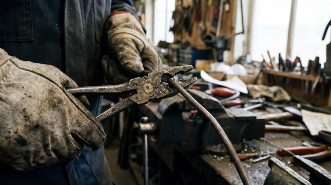 Man cutting wire with pliers in workshop with tools around  