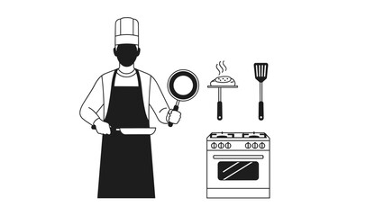 A chef in a toque and apron stands confidently holding a frying pan and spatula, with a steaming pot and additional kitchen utensils nearby, representing culinary expertise and the art of cooking.