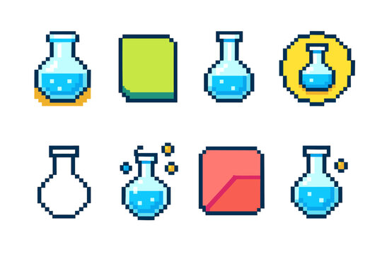 Pixel art science icon set. Laboratory, chemistry pixel style icons collection