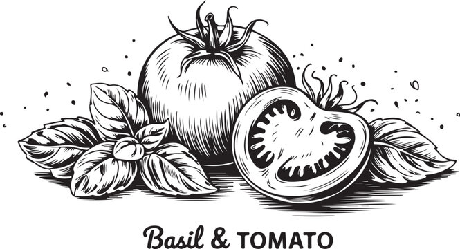 Tomato with basil leaves vector drawing. Whole and sliced tomatoes with basil branch sketch. 