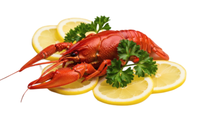 A vibrant presentation of a cooked crawfish with lemon and parsley garnish