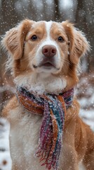 A cute dog in a bright scarf stands proudly in a snowy forest