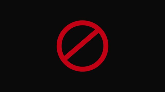 embargo symbol, warning icon. Red sign stop, cross, x, ban, cancel, prohibited icon animation on black background.