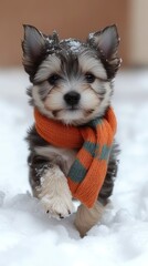 Fluffy puppy joyfully explores the snow, wearing a bright orange scarf