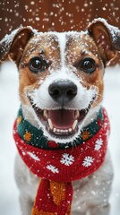 Happy dog with snowy fur grins widely while playing in winter wonderland