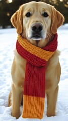 Playful golden retriever in a colorful scarf stands in fresh snow