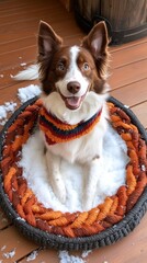 A joyful dog sits in a colorful blanket surrounded by soft snow, enjoying winter fun