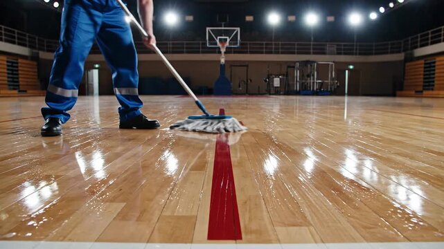 A Person Cleaning a Wooden Floor with a Mop, in a Dimly Lit Sports Arena, Perspective Shot