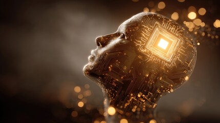 Human head, metallic, glowing chip