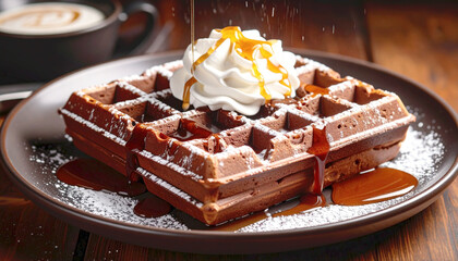 Chocolate waffles with syrup, whipped cream and powdered sugar, dessert plate. AI