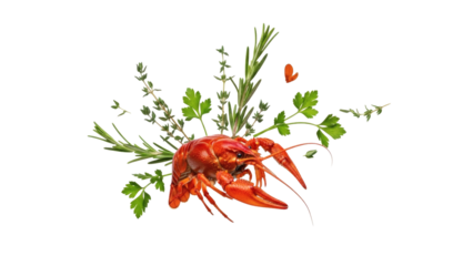 A vibrant crawfish amidst fresh herbs and leafy greens on black background