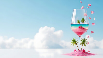 Colorful tropical drink with palm trees and petals on bright background  