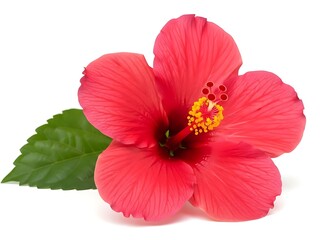 Vibrant red hibiscus flower with green leaves isolated