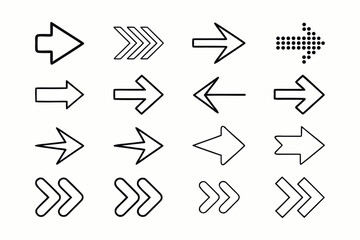 Arrow icon set. Arrow. Cursor. Black vector arrows icons. Collection different arrows sign. Modern simple arrows. Black arrow pointing to the right. Black direction pointer. Vector illustration.