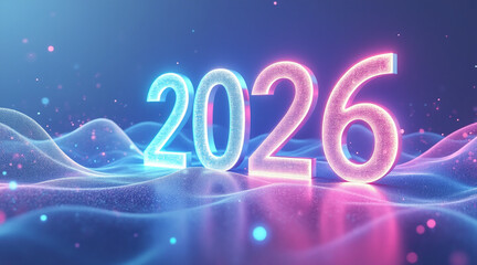 Futuristic neon 2026 glowing numbers on digital wave landscape, vibrant blue and pink lighting, celebratory mood