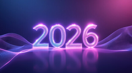 Neon 2026 number glowing 2026 digits futuristic 2026 display purple neon light holographic number reflective surface abstract studio backdrop