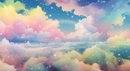 A dreamy, abstract image depicts a celestial scene, filled with billowing clouds and twinkling stars