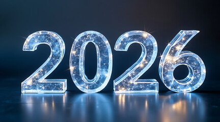 2026 illuminated acrylic numbers with sparkling lights in festive futuristic studio arrangement evoking celebration and optimism