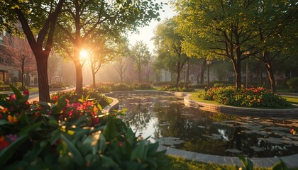 Obraz premium Serene urban park at golden hour, sunlight filtering through trees, lush greenery and colorful flowers, calm pond reflections, cinematic lighting, photorealistic textures, immersive perspective, AI ge
