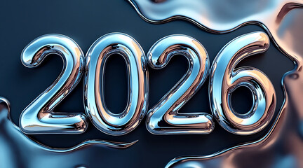 2026 metallic numbers glossy liquid surface, reflective chrome numerals with blue and copper highlights conveying futuristic celebration