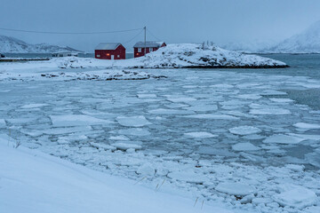 Red wooden houses stand along a frozen coastal shoreline with drifting ice and snow-covered mountains in the background. The quiet winter scene captures the cold, remote atmosphere of a Nordic or Arct © murattellioglu