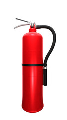 Obraz premium A red fire extinguisher mockup with a tube and nozzle. A red fire extinguisher with a black tube and nozzle on a transparent background.