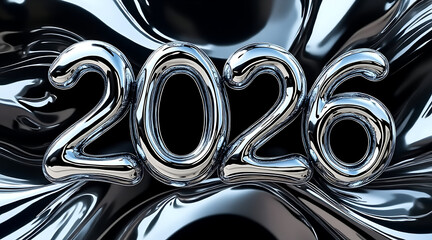 2026 chrome number sculpture on glossy liquid metal surface, futuristic reflective celebration mood
