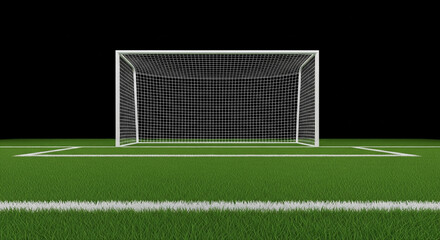 Fototapeta premium A soccer goal dominates the image, positioned centrally against a stark black backdrop