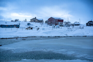 Red wooden houses stand along a frozen coastal shoreline with drifting ice and snow-covered mountains in the background. The quiet winter scene captures the cold, remote atmosphere of a Nordic or Arct © murattellioglu