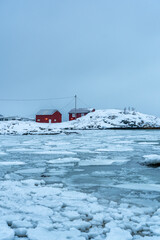 Red wooden houses stand along a frozen coastal shoreline with drifting ice and snow-covered mountains in the background. The quiet winter scene captures the cold, remote atmosphere of a Nordic or Arct © murattellioglu
