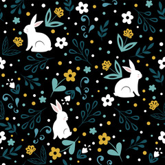 Simple seamless pattern with delicate flowers, leaves and nice bunny