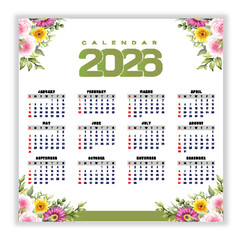 Yearly Calendar 2026 with Watercolor Floral Decoration