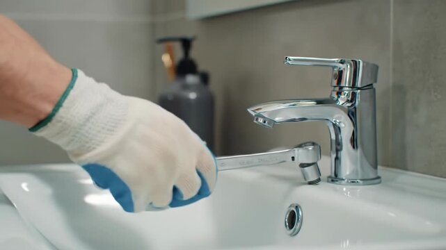 gender-neutral gloved hands use a chrome wrench to adjust a component under a pristine white sink in a minimalist bathroom. proactive home care and efficiency concept