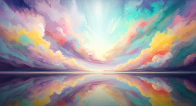 A vibrant, abstract watercolor painting depicts a dreamy landscape - Powered by Adobe