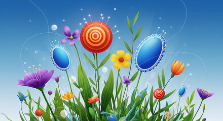 A vibrant, digitally rendered illustration featuring stylized, abstract floral elements against a gradient blue sky background